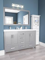 Sleek Gray And Blue Bathroom Vanity Area Bathroom Vanity Decor Yellow Bathroom Decor Farmhouse Bathroom Vanity