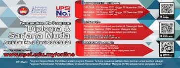 Program yang ditawarkan adalah secara sepenuh masa atau separuh masa dalam pengajian berikut: Permohonan Upsi Ambilan Kedua 2020 2021 Online