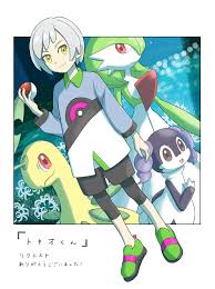 minato (mntnm), bayleef, gardevoir, horace (pokemon), indeedee, indeedee  (female), creatures (company), game freak, nintendo, pokemon, pokemon (anime),  pokemon journeys, commentary request, highres, translation request, 1boy,  border, closed mouth, full 