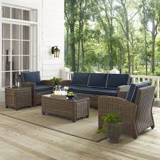 Outdoor wicker square side/end table, resin rattan glass top square coffee table with two shelves (dinner table) $129.99. Crosley Furniture Bradenton 5 Piece Outdoor Wicker Sofa Conversation Set With Navy Cushions Sofa Two Arm Chairs Side Table Glass Top Table Ko70051wb Nv