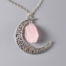Crescent Moon Necklace Rose Quartz Necklace Antique Silver Half Moon Pink Quartz Crystal Nec Pink Gemstone Necklace Rose Quartz Jewelry Quartz Crystal Necklace