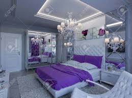 The hues the decor and designing such as the high tufted bed with the stripe of dark purple near the. 3d Rendering Bedroom In Gray And White Tones With Purple Accents Stock Photo Picture And Royalty Free Image Image 41962058