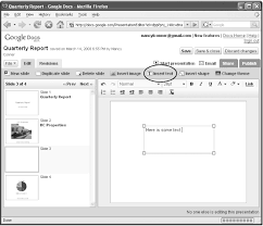Go to insert > drawing… to open the drawing window. 4 Creating Slideshow Presentations Google Apps The Missing Manual Book