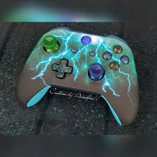 Xbox One S Model 1708 Wireless Controller Custom Storm Thunder Blue Led With Green Blue Splatter On Custom Xbox One Controller Custom Xbox Xbox Controller