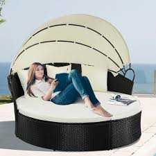 Best outdoor daybeds with canopy. Costway Round Retractable Canopy Daybed Wicker Rattan Patio Sofa Furniture Walmart Canada