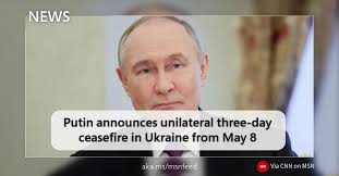 Russian President Vladimir Putin has declared a unilateral three-day  ceasefire in Ukraine to coincide with World War II Victory Day  commemorations. The Kremlin announced that military operations will be  suspended from May