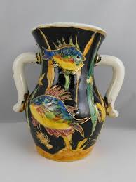 Vase Vintage Ceramique Vallauris Decor Poissons Signe B Rubino Haut 16 Cm 3b18
