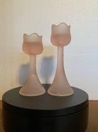 Vintage Frosted Pink Glass Tulip Candle Holders