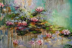 Paint the banks and reflections over the white to blue water. Water Lilies Original Oil Large Painting Impasto Lily White Flowers Painting By Viktorija Lapteva Saatchi Art