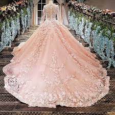 Luxury Gorgeous Pearl Pink Wedding Dresses 2018 Ball Gown Lace Flower Appliques Beading Rhinestone Scoop Neck Long Sleeve Cathedral Train Wedding Ball Gown Wedding Dress Pink Wedding Dress Wedding Dresses With Flowers