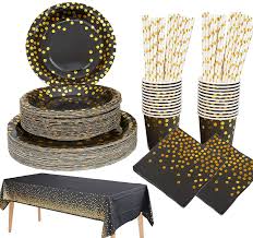 Product title set of 24 metallic rose gold paper chargers for dinner plates bulk for birthday wedding party supplies decorations, 13 in. Buy Black And Gold Party Supplies Golden Dot Disposable Tableware Serves 20 Dinner Plates Salad Plates Napkins Paper Cups Paper Straws Tablecloth For Wedding Anniversary Birthday Baby Shower Online In Turkey B083m32xrb