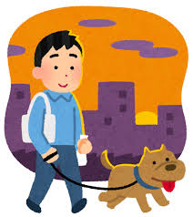 夕方の犬の散歩のイラスト（男性） | かわいいフリー素材集 いらすとや