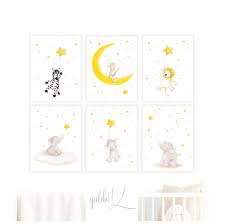 Nursery Wall Art Set Baby Animal Stars Moonset Safari Animal Etsy Baby Animal Nursery Safari Nursery Art Animal Wall Art Nursery