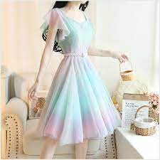 Rainbow Gradient Mesh Dress Se20839 Sanrense Vestidos Elegantes Para Meninas Vestido Facil Vestuario Elegante