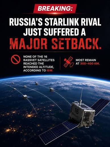 Breaking: Russia's Starlink competitor just had a huge problem. None of  their 16 Rassvet satellites from the second launch made it to the right  height, ISW says. Most are still stuck at
