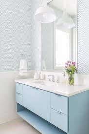 Light Blue Vanity Floating Vanity White Countertop Geometric Pattern Wallpaper Bathroom Penda Blue Bathroom Patterned Bathroom Tiles Bathroom Wallpaper