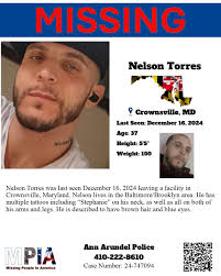 Nelson Torres was last seen December 16, 2024 leaving a facility in  Crownsville, Maryland. Nelson lives in the Baltimore/Brooklyn area. He has  multiple tattoos including “Stephanie”