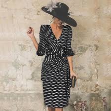 Black And White Polka Dot Bodycon Dress V Neck Cutout Flounce Ruffle Trim Bust Darts Polka Dot Petal Sleeve Bodycon Dresses Bodycon Dress With Sleeves Fashion Casual Dresses