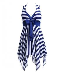 Navy Blue White Stripes Swim Dress Plus Size Swimwear One Piece Swimsuit Cw121dmfdo3