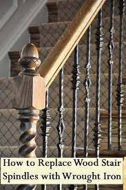How To Replace Wood Stair Spindles Or Balusters With Wrought Iron I Love This Spindle Desig Wrought Iron Stair Railing Iron Stair Railing Wrought Iron Stairs
