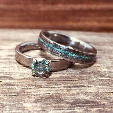 Wedding Band Set For Her Wedding Bands Hers Meteorite Blue Etsy Opal Wedding Band Wedding Band Sets Titanium Wedding Band Sets