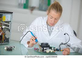 Computer technicians are diagnostic specialists are provide desktop support for those items that cannot be resolved remotely while ensuring phone. Female Pc Technician Soldering A Chip From A Desktop Computer Canstock