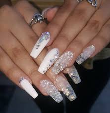 Pin By Sarhiya On Cute Nails In 2020 Gem Nails Sparkle Nails Long Acrylic Nails 6) paint your nail tips with white polish, the amount of white you use should correspond to the amount of whiteness you have on your real nail, otherwise it will look super tacky and make your 29light pink and glitter coffin nails. pinterest