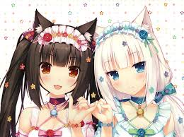 Maybe you would like to learn more about one of these? White Hair Brunette Blue Eyes Anime Anime Girls Neko Para Chocolat Neko Para Vanilla Neko Para Animal Ears Bell Choker Flowers Headdress Brown Eyes Open Shirt Hd Wallpapers Desktop And Mobile
