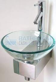 For the discerning, go with a cast stone, a bronze basin, or a glass basin. Cloakroom Sink Glass Wash Basin Small Compact Clear Round 310 Corner Inc Bottle Trap Click Clack Waste Tap By Glassba Glass Basin Wash Basin Washbasin Design