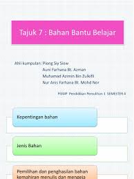 Bahan bantu mengajar ini terdiri daripada beberapa kategori iaitu media elektronik dan juga bukan elektronik. Tajuk 7 Bahan Bantu Belajar Bentang