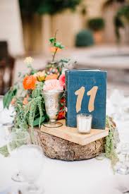 Made of natural wood, each tree slab is unique and created by mother nature blemishes and knots may occur. Wooden Slab Centerpiece And Blue Table Number