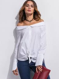 White Off The Shoulder Super Long Sleeve Shirt Curved Hem Shirt Elegant Shirt Slim Blouse