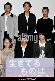 L-R) Japanese model Eri Aoki, Konatsu Tanaka, director Gakuryu Ishii, actor  Shota Sometani and actress Mai Takahashi attend a stage greeting during an  opening day for the horror film "Isn't anyone alive?"
