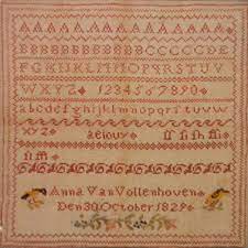 Model stitched two over two on 30 ct. Dutch Sampler Red Alphabet Sampler Anna Van Vollenhoven 1829 Cross Stitch Chart Wedding Sampler Cross Stitch Cross Stitch Samplers