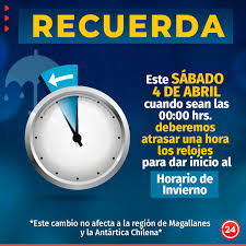 El pasado 3 de abril se registró la última modificación al horario, pues pasamos de usar el horario de verano al de invierno. 24 Horas Ù¹ÙˆØ¦Ù¹Ø± Ù¾Ø± No Olvidar Este Sabado 4 De Abril Se Cambia La Hora En Chile No Olvidar Https T Co C3t3wk202b