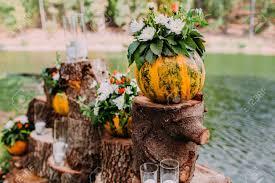 Os proponemos ideas geniales para decorar con piñas vuestra boda. Boda Hermosa Del Otono De La Decoracion De La Boda En Colores Anaranjados Una Ceremonia Al Aire Libre Cerca De Un Lago Calabazas Flores Y Velas Fotos Retratos Imagenes Y Fotografia De