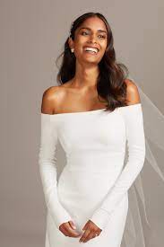 Off The Shoulder Buttoned Back Crepe Wedding Dress David S Bridal Crepe Wedding Dress Petite Wedding Dress Off Shoulder Wedding Dress