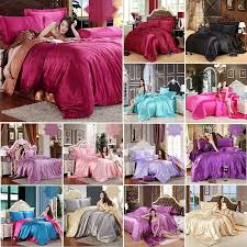 Crafted from the finest mulberry silk. 4pcs Satin Silk Duvet Quilt Cover Pillow Case Bedding Set Twin Queen King Solid Duvet Covers Bedding Sets Home Garden