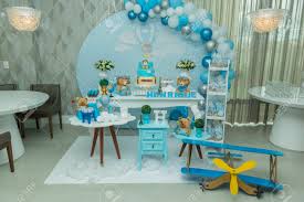 These boys birthday decorations are full of fun and colors to fit into any kind of party, whether the boys birthday decorations offered on sale can be fully customized to your event or party theme all kinds of boys birthday decorations for eating to cutting cakes and spraying foams to lighting up. Boy S Birthday Party With Bluish Pastel Colors Decoration Decor Stock Photo Picture And Royalty Free Image Image 142888473