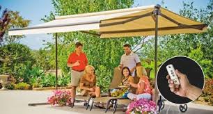 A free standing canopy or patio cover often is the sun shade solution when bay windows or chimneys make installing a retractable awning difficult.these unique shade structures are also installed as free standing garden pergolas or free standing canopies at pool sides. Sunsetter Oasis Freestanding Awning Retractable Deck And Patio Awning