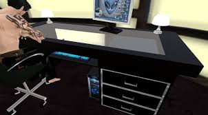 Desks & computer tables : Second Life Marketplace Sleek Black Glass Top Computer Desk