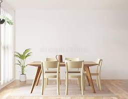 Dining room features saarinen round marble tulip dining table with black leather dining chairs, lit by glossy black faux bamboo chandelier, in front of window with cream curtains. Dining Room And Kitchen Copy Space On White Background Front View Stock Illustration Illustration Of Lifestyle Front 156939996
