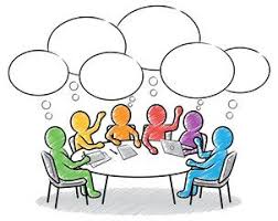 Farbige Strichmannchen Team Besprechung Am Runden Tisch Mit Sprechblasen Vektorgrafik Illustration Lizenzfreie Bilder