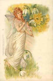 Vintage Post Card Fairy In White Faces Right Looks At Snowdrops Primroses Fairy Art Vintage Fairies Primroses