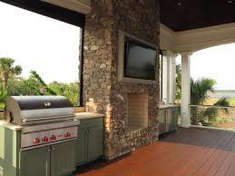 Amazing Covered Deck Patio With Brick Outdoor Fireplace Flatscreen Tv Outdoor Fridge Sink Green Shaker Patio Deck Outdoor Fridge Outdoor Kitchen Cabinets