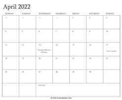 April 2022 Calendar Templates