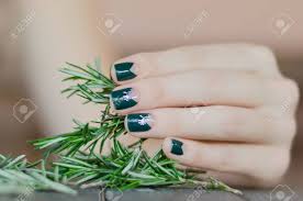 By a big dotting tool put pastel green blobs over the wet base Rosemary In Female Hand With Beautiful Dark Green Nail Design Stock Photo Picture And Royalty Free Image Image 47457448