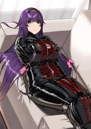hiememiko, hie (hiememiko), original, absurdres, highres, 1girl, bdsm,  black bodysuit, bodysuit, bondage, bondage outfit, bound, breast zipper,  breasts, couch, egg vibrator, hair spread out, large breasts, latex, latex  bodysuit, long hair, lying,