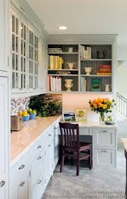 Transitional Kitchen Design With Pale Blue Shaker Style Cabinets Transitional Kitchen Design Kitchen Office Nook Kitchen Remodel