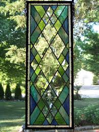 This is an elegant designed handmade tiffany style stained glass window panel in vivid stunning colors, each piece of glass is using copper foil wrapped around by hand individually, then soldered together. Stained Glass Panel Blue Green Beveled Diamonds Stained Glass Door Faux Stained Glass Glass Panels